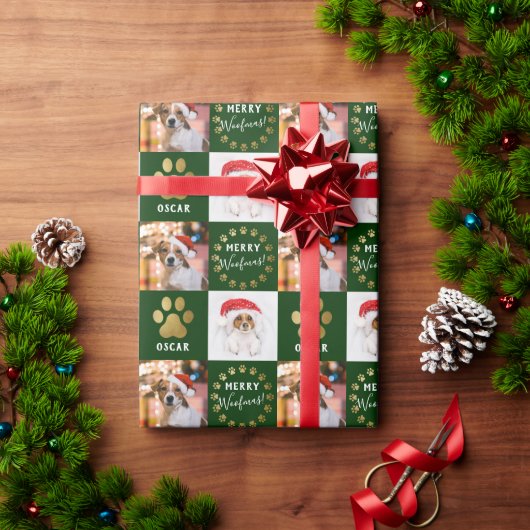 Personalisierte 2 Foto Hunde Hunde Grüne goldene P Geschenkpapier (Feiertagsgeschenk)