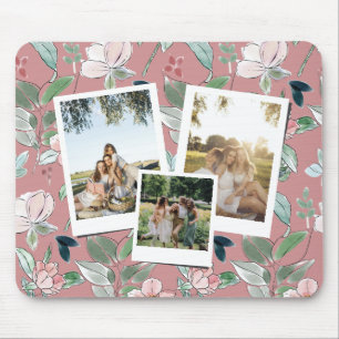 Personalisierte 3-Foto-Rosa-Blumen-Hintergrund Mousepad