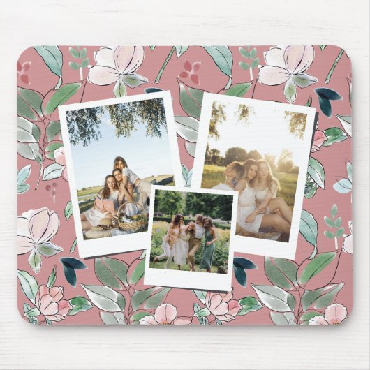 Personalisierte 3-Foto-Rosa-Blumen-Hintergrund Mousepad (Vorne)