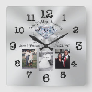 Personalisierte 3 Fotos 60. Jubiläumsuhr Quadratische Wanduhr
