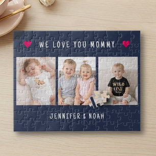 Personalisierte 3 Fotos Muttertags Navy Blau Herze Puzzle