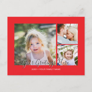 Personalisierte 3 Fotos Universelle rote Grüße Postkarte