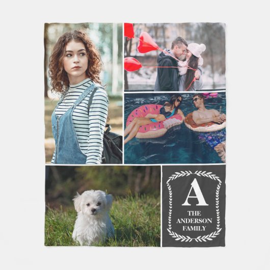 Personalisierte 4 Foto-Collage mit Monogramm u. Fleecedecke (Vorderseite)