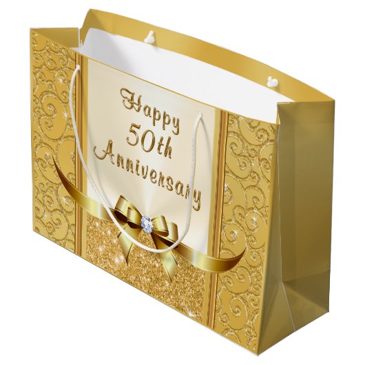 Personalisierte 50. Hochzeitstag-Geschenktaschen Große Geschenktüte (Rückseite Schrägansicht)