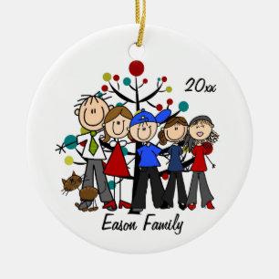 Personalisierte 5-er-Familie mit braunen Katzename Keramik Ornament