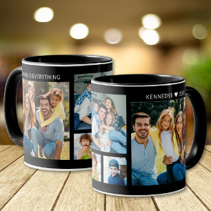 Personalisierte 5-Foto-Collage Familienname Schwar Tasse