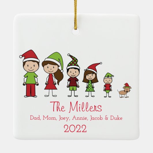 Personalisierte 5-köpfige Familie mit Hundeschliff Keramikornament (Rückseite)