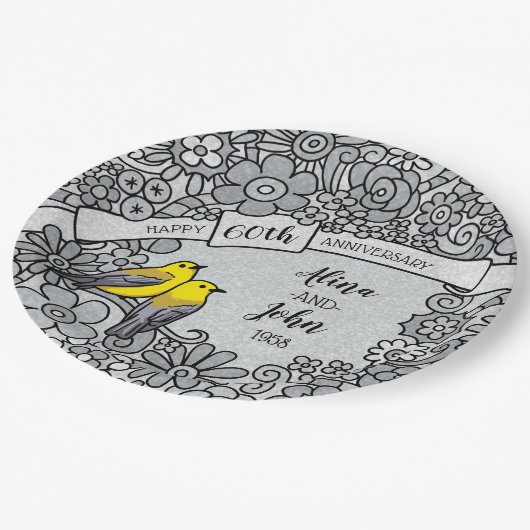 Personalisierte 60-jährige Diamond-Floral-Vögel Pappteller (Schrägansicht)