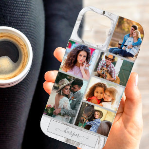 Personalisierte 6-Foto-Collage auf grauem Marmor iPhone 13 Pro Max Hülle