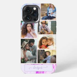 Personalisierte 6-Foto-Collage Lila Rosa Marmor iPhone 13 Pro Max Hülle