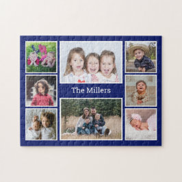 Personalisierte 8-Foto-Collage Familienname Blau Puzzle