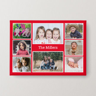Personalisierte 8-Foto-Collage Familienname Rot Button