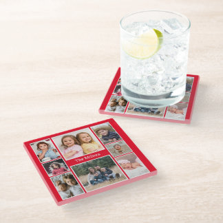Personalisierte 8-Foto-Collage Familienname Rot Glasuntersetzer