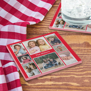 Personalisierte 8-Foto-Collage Familienname Rot Glasuntersetzer