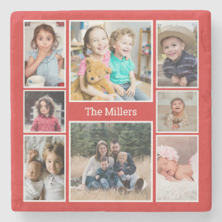 Personalisierte 8-Foto-Collage Familienname Rot Steinuntersetzer