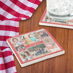 Personalisierte 8-Foto-Collage Familienname Rot Steinuntersetzer