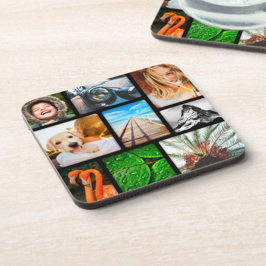 Personalisierte 9-Bild-Collage Schwarz Getränkeuntersetzer (Linke Seite)