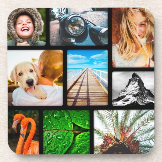 Personalisierte 9-Bild-Collage Schwarz Getränkeuntersetzer (Vorderseite)