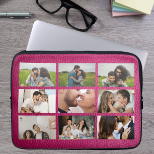 Personalisierte 9-Foto-Collage Modernes rosa Leder Laptopschutzhülle
