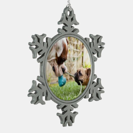 Personalisierte Abbildung des Fotos des Hundes Schneeflocken Zinn-Ornament (Links)