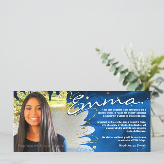 Personalisierte Abschluss-Karten | Blau & Gold (Stehend Vorderseite)