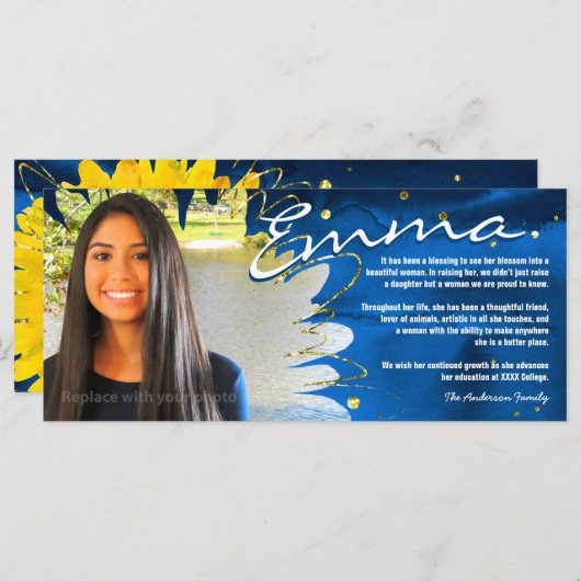 Personalisierte Abschluss-Karten | Blau & Gold (Vorne/Hinten)