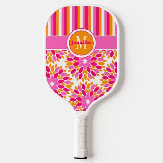 Personalisierte Abstrakte Blüte, Streifen, Mit Mon Pickleball Schläger (Rückseite)