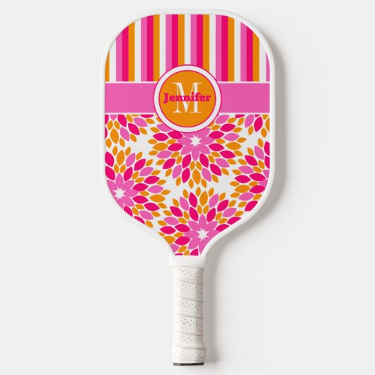 Personalisierte Abstrakte Blüte, Streifen, Mit Mon Pickleball Schläger (Vorderseite)