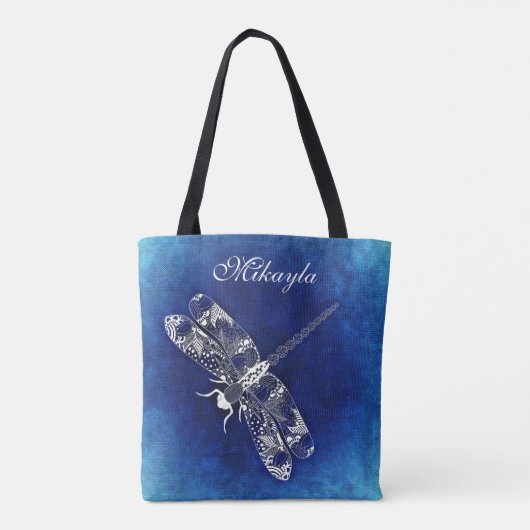 Personalisierte abstrakte Libelle auf Blau Tasche (Rückseite)