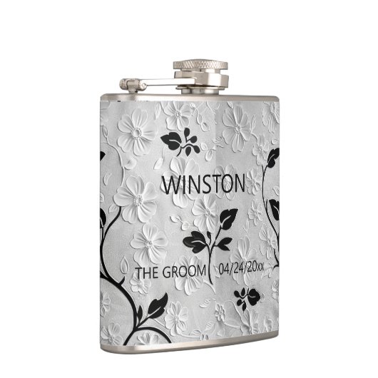 Personalisierte Abstrakte Schwarz-Weiß-Florals Flachmann (Rechts)