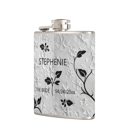 Personalisierte Abstrakte Schwarz-Weiß-Florals Flachmann (Links)