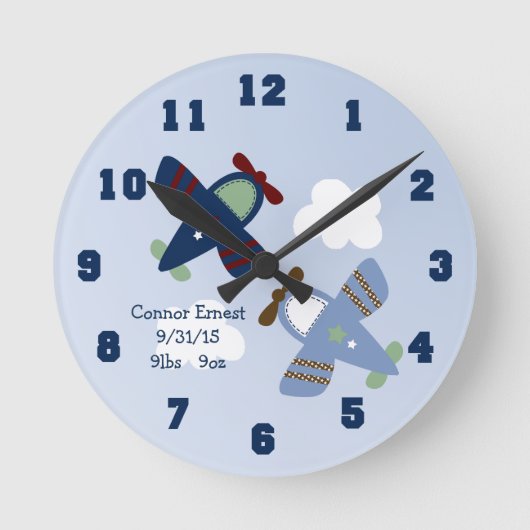 Personalisierte Adable-Flugzeuge Kinderzimmer-Uhr Runde Wanduhr (Vorderseite)
