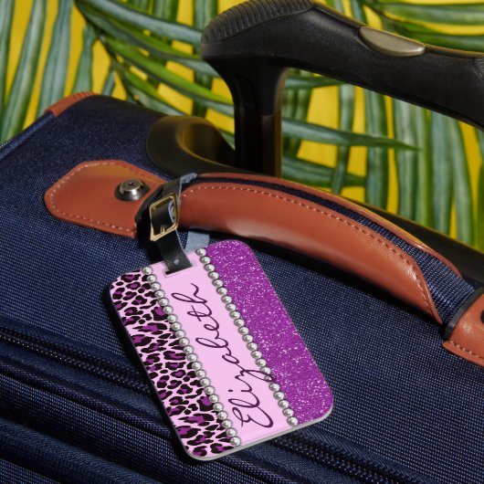 Personalisierte Adressen-lila Leopard-Glitzer Gepäckanhänger (Vorderseite Insitu 1)