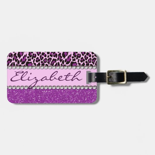 Personalisierte Adressen-lila Leopard-Glitzer Gepäckanhänger (Vorderseite horizontal)
