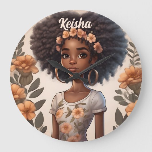 Personalisierte afrikanische Girl Clock Große Wanduhr (Vorderseite)