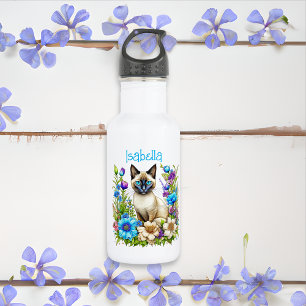 Personalisierte Ai Watercolor Siamese Katze in Blu Edelstahlflasche
