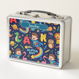 Personalisierte Alphaland-Kinder-Lunchbox Blau Wei Metall Brotdose