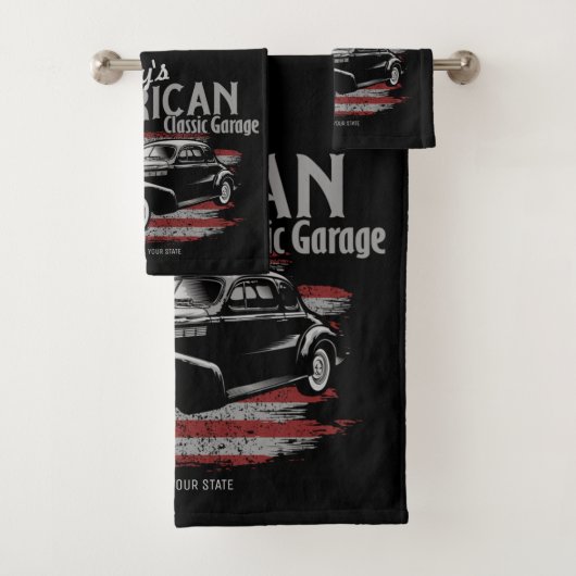 Personalisierte Amerikanische Vintage Autogarage Badhandtuch Set (Insitu)