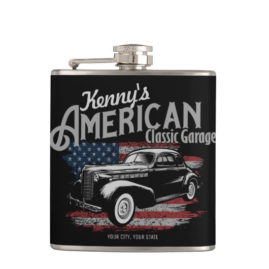 Personalisierte Amerikanische Vintage Autogarage Flachmann (Vorderseite)