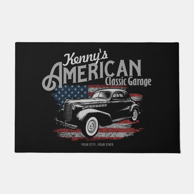 Personalisierte Amerikanische Vintage Autogarage Fußmatte (Vorderseite)