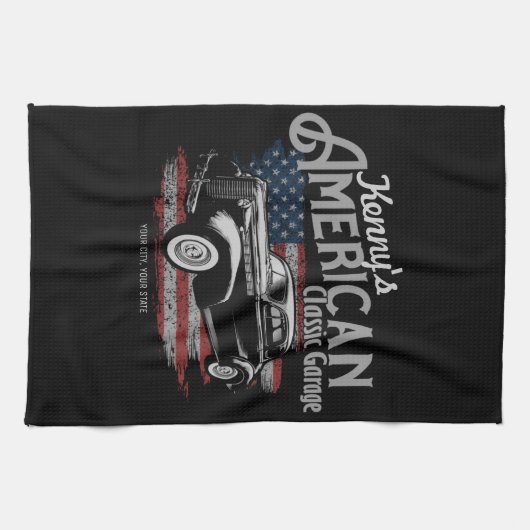 Personalisierte Amerikanische Vintage Autogarage Geschirrtuch (Horizontal)