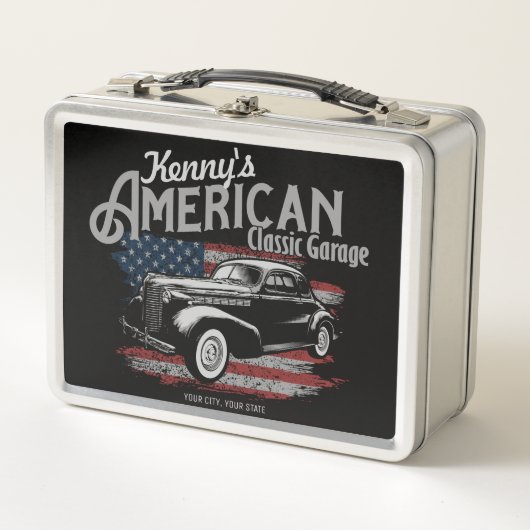 Personalisierte Amerikanische Vintage Autogarage Metall Brotdose (Vorderseite)