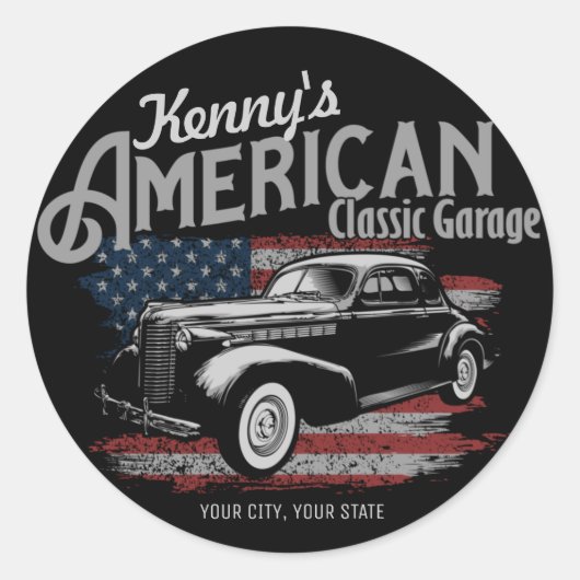 Personalisierte Amerikanische Vintage Autogarage Runder Aufkleber (Vorderseite)