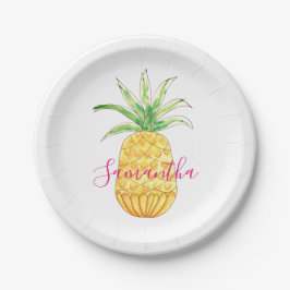 Personalisierte Ananas Gelb-Rosa Wasserfarbe Pappteller
