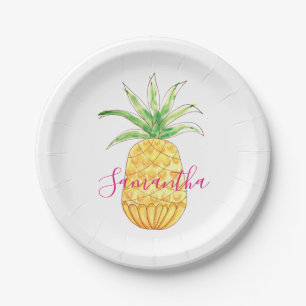 Personalisierte Ananas Gelb-Rosa Wasserfarbe Pappteller