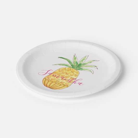 Personalisierte Ananas Gelb-Rosa Wasserfarbe Pappteller (Schrägansicht)