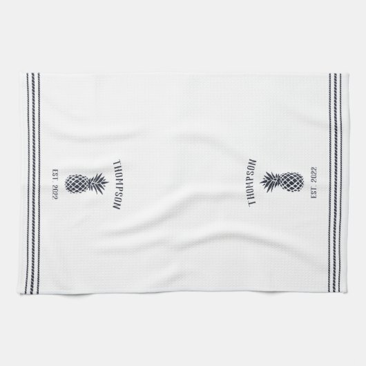 Personalisierte Ananas, Navy und White Rustic Geschirrtuch (Horizontal)