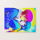 Personalisierte Anime Couple umarmt Rosa und Blau Puzzle (Horizontal)