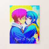 Personalisierte Anime Couple umarmt Rosa und Blau Puzzle (Vertikal)