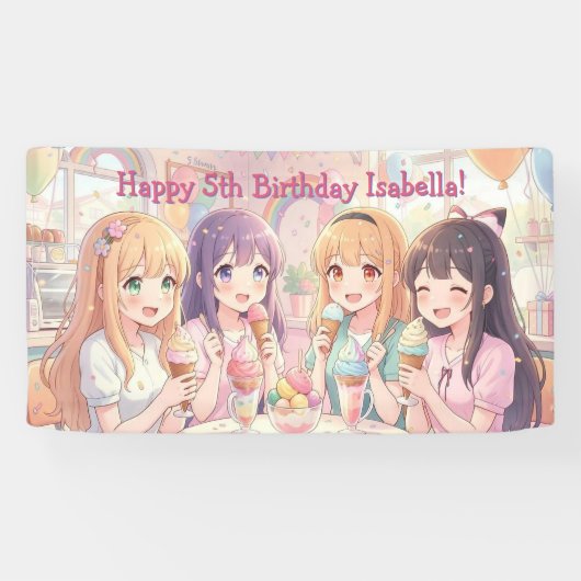 Personalisierte Anime-Mädchen-Eiscreme-Geburtstags Banner (Horizontal)